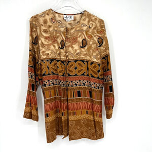 Vtg Bohemian Top Womens M Brown Paisley Hippie Peasant Neutral Retro Festival‎